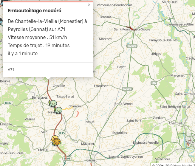 WazeAllier's tweet photo. [Prudence]
⚠️🚕🚙🚗⚠️
Départs en vacances 
Plusieurs km de #bouchons sont signalés sur l'#A71 entre #montmarault et #gannat dans l'#Allier #Auvergne #InfoTrafic https://t.co/AKfFj1yxrQ