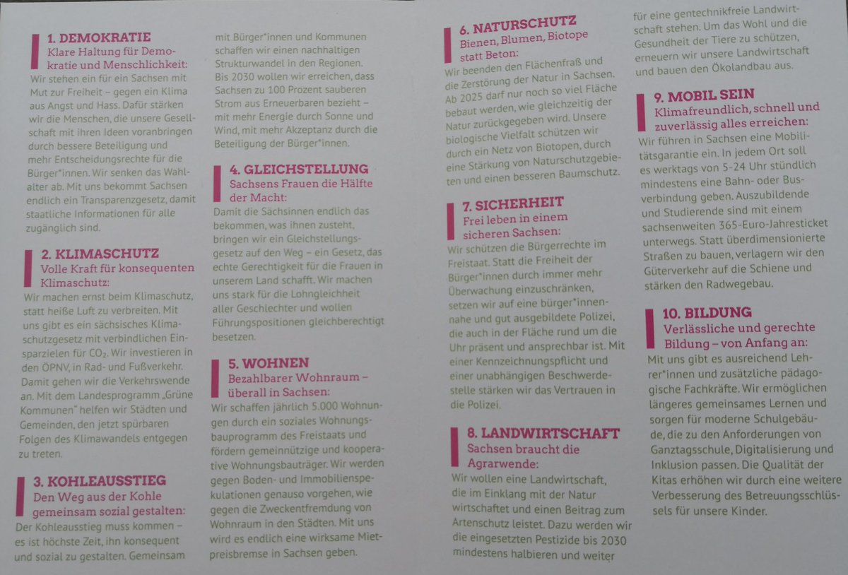 gruene_sachsen's tweet photo. Unsere #ZehnPunkte für #Sachsen:
Klare Haltung zur freiheitliche demokratischen Grundordnung, #Klimaschutz, #Kohleausstieg, #Geschlechtergerechtigkeit, bezahlbarer #Wohnraum, #Naturschutz, #Sicherheit und #Freiheit für alle, #Agrarwende, #Energiewende und gute #Bildung! https://t.co/QRkOhxq4He
