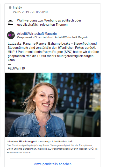 FHMaverick's tweet photo. #NRW2019: die Verbandelungen zwischen @SPOE_at und @Arbeiterkammer sind enorm!
Laut #FacebookAdsLibrary hat der #AK-Blog vor der EU-Wahl nur ein Interview mit der #SPÖ-EU-Abgeordneten @Evelyn_Regner finanziell beworben - ausgerechnet zwischen 24. und 26. Mai! 🧐
@GLoacker https://t.co/JZvWsAM5aZ