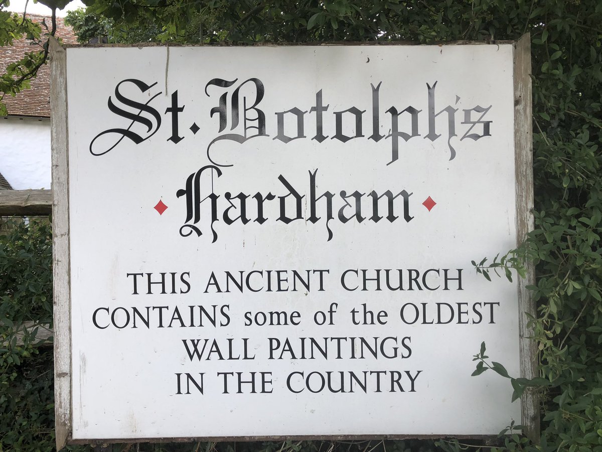 roskerslake's tweet photo. We’ve driven past the sign for Wall Paintjngs many times and this week we finally stopped at St Botolph’s #Hardham - gorgeous little church, inside &amp; out - and see how brilliantly this early @HeritageFundUK funded Interpretation Board has survived!#busmansholiday https://t.co/cVkV6YTOI2