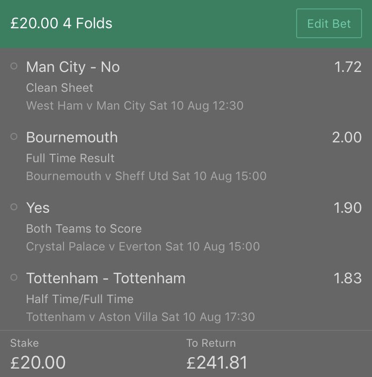 _HonestTipster's tweet photo. HERE WE GO β
BET OF THE DAY β½οΈ
Β£20 returns Β£240! π°π₯
Todayβs bet of the day is as follows:
ππ½ππ½ππ½
#betoftheday #botd #bet #acca #football #footy #sundayacca #HonestTips https://t.co/dParlr6TXy