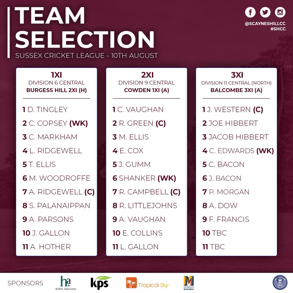 TEAM SELECTION | 10TH AUGUST #SHCC