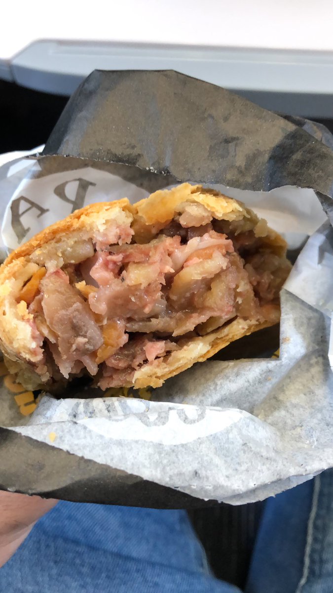 James_Darrall's tweet photo. @ProperCornishUK the meat is pink. Should I be concerned? Just bought this from your Bristol temple meads train station shop on the way to London. https://t.co/4sfouIwBdh