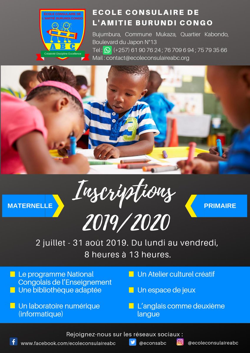 econsabc's tweet photo. Les inscriptions continuent à l'école consulaire de l'Amitié Burundi-Congo. Encore quelques places disponibles. Nos équipes vous attendent du lundi au vendredi de 08h à 13h.

ABC: Créativité-Discipline-Excellence https://t.co/e0KQJTe3jT