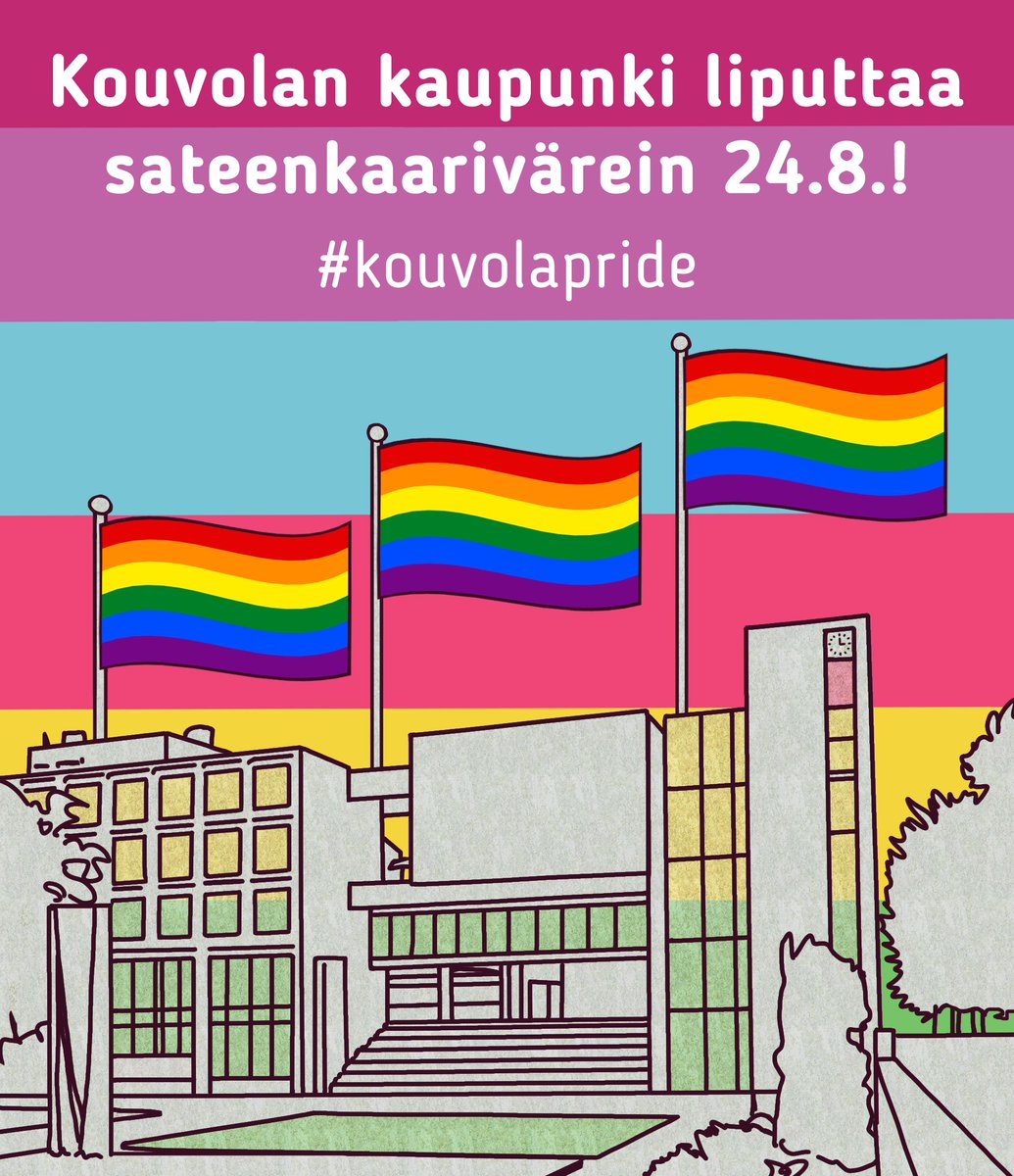 Piirustus Kouvolan kaupungintalosta, jonka takana liehuu kolme sateenkaarilippua. Teksti: "Kouvolan kaupunki liputtaa sateenkaarivärein 24.8.! #kouvolapride#