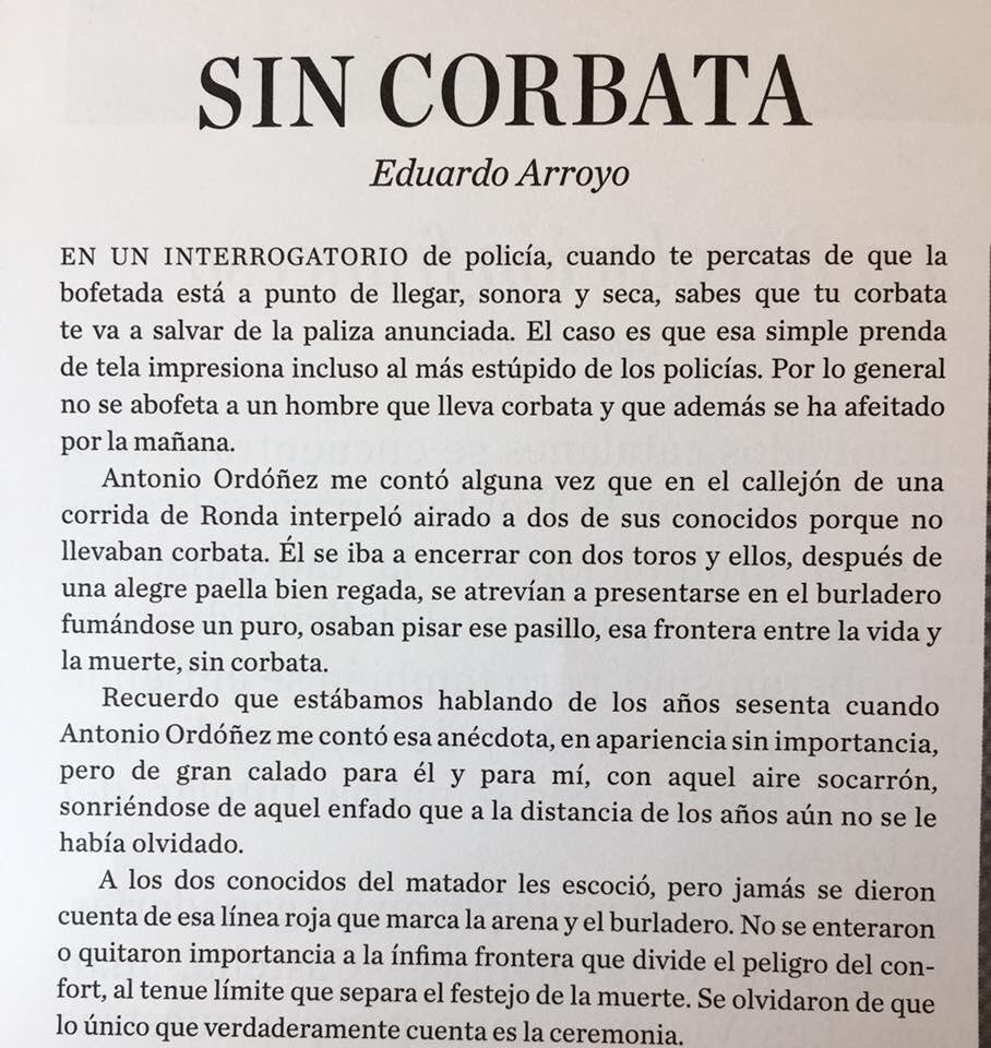 Fel_blan's tweet photo. Tengo un amigo que siempre, siempre, siempre va a los toros con chaqueta y me he acordado de esta maravilla que Eduardo Arroyo para la revista de mi peña taurina:

“lo único que verdaderamente cuenta es la ceremonia”. https://t.co/RsDUR92fJ3