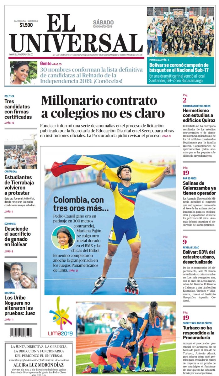 javieramoz's tweet photo. Portada de @ElUniversalCtg este 10 de agosto.
#FelizSábado
#PanamericanosXSenal
#CorazondeGuerreras
#Causil
#superpoderosas
#Panamericanos2019
#JuegosPanamericanosLima2019
#Campeonas https://t.co/GMEjv479l0