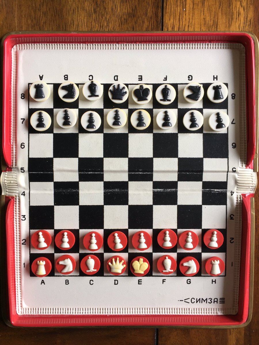 A Soviet-era travelling chess set. I bought this from Miron Sher at a tournament in Yugoslavia in 1988, and used it on many a long train journey.