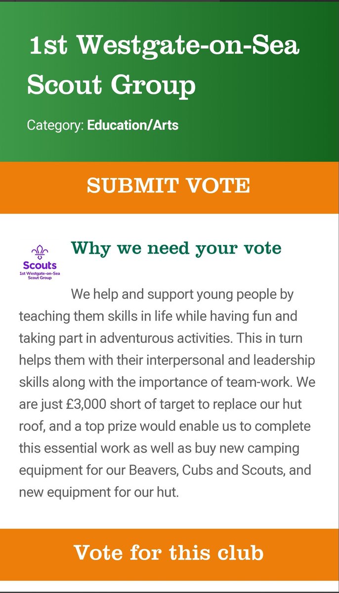 Voting couldn't be any easier...
Click the link
persimmonhomes.com/building-futur…
Click 1st Westgate-on-Sea Scout Group 
No personal details needed...
And these few seconds of your spare time could change Young Peoples life's forever! 
Thank u all &amp; <a href="/PersimmonHomes/">persimmonhomes</a>