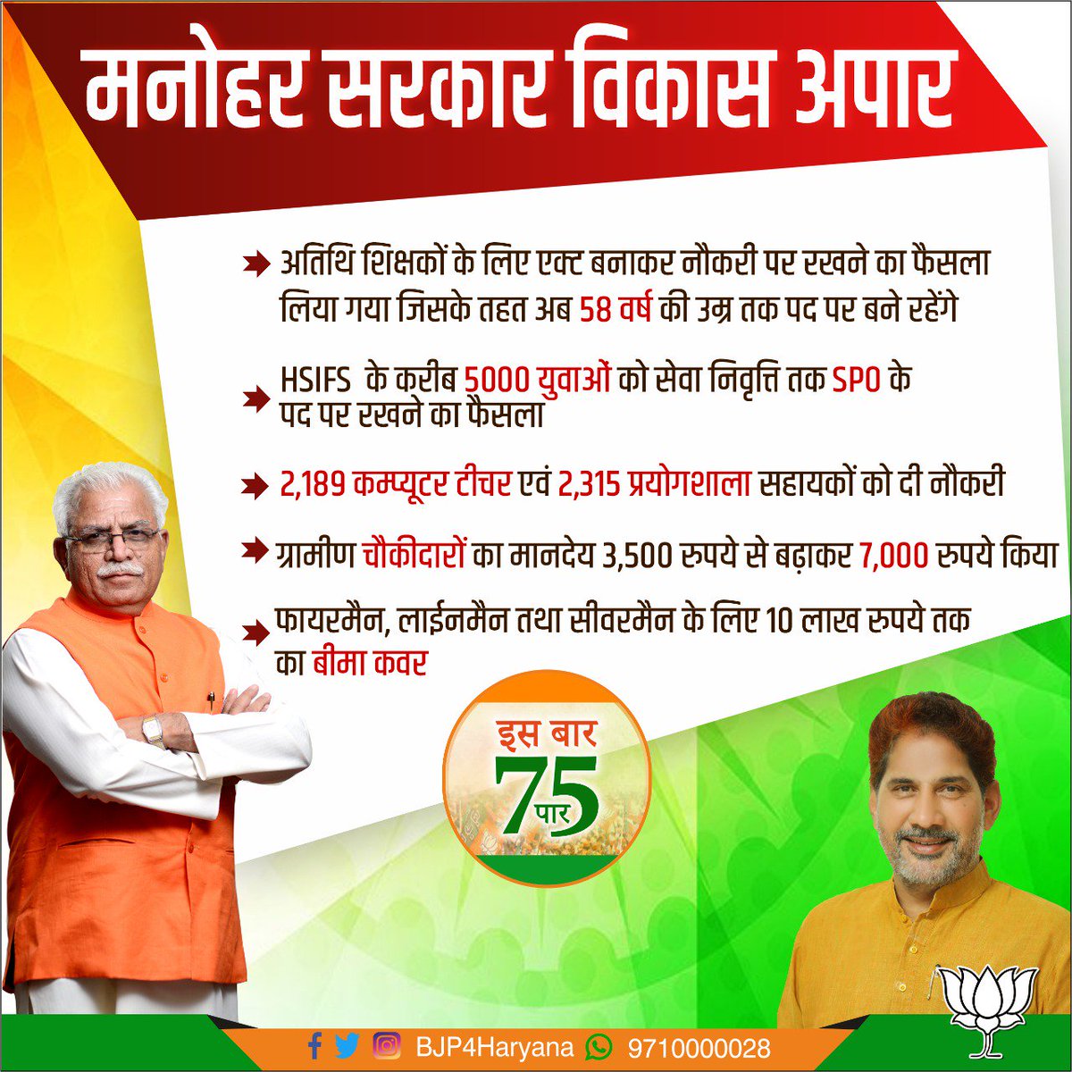BJP4Haryana's tweet photo. मनोहर सरकार, विकास अपार
राज्य के किसी भी सरकारी कर्मचारी की नही जाएगी नौकरी
अतिथि शिक्षकों के लिए एक्ट बनाकर नौकरी पर रखने का फैसला
@mlkhattar @aniljaindr  @subhashbrala @sureshbhattbjp
#MereSapnoKaHaryana https://t.co/vtY0oC9Ujl