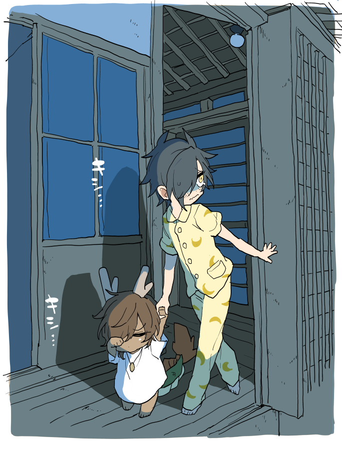 「つるさんから寝る前にこわい話を聞かされておトイレいけなくなったみつくん 」|いそふ🐣のイラスト