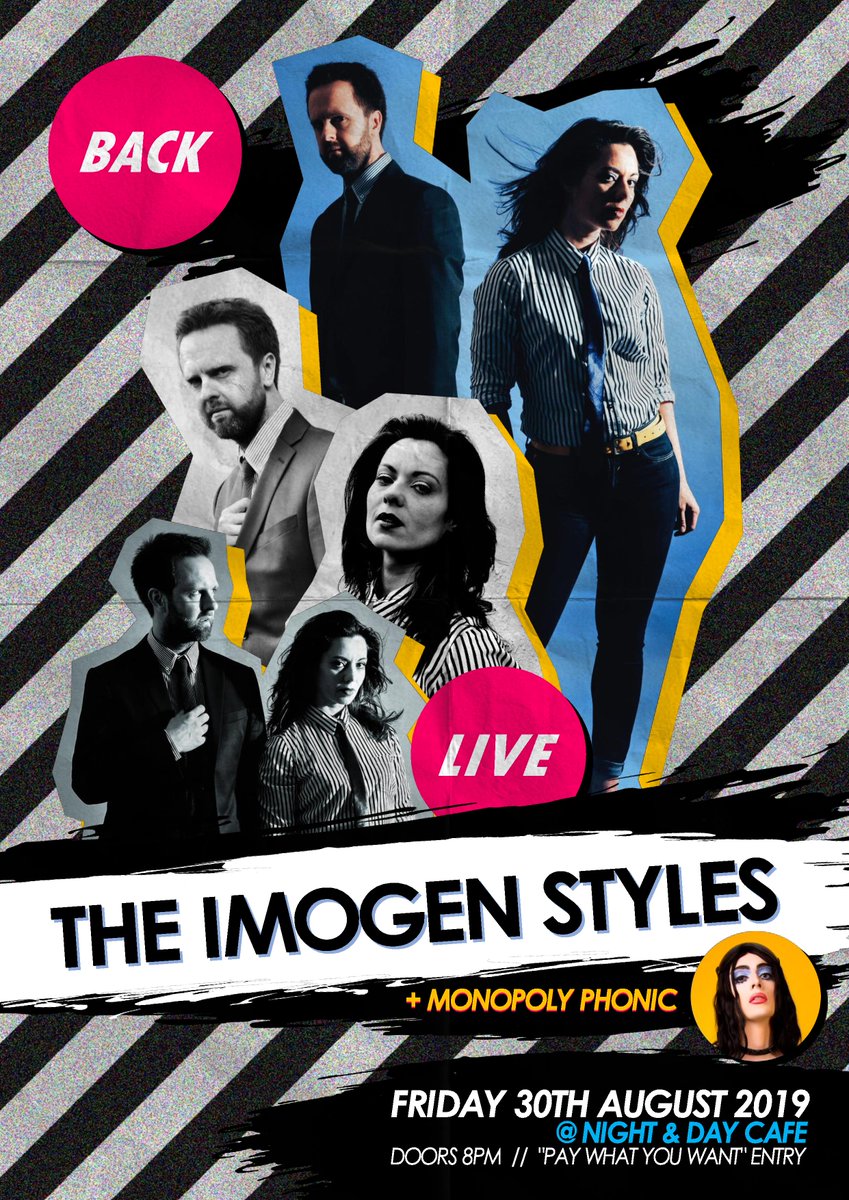 theimogenstyles's tweet photo. Hello.

Our next gig will be at @nightanddaycafe on Friday 30th August, with iconic support from @MonopolyPhonic.

Doors 8pm / 'pay what you want' entry / free entry to the @ElectroCurious club night afterwards (our official after party).

Full details: https://t.co/GHm6nYHVJs https://t.co/oaZNXeBrSz