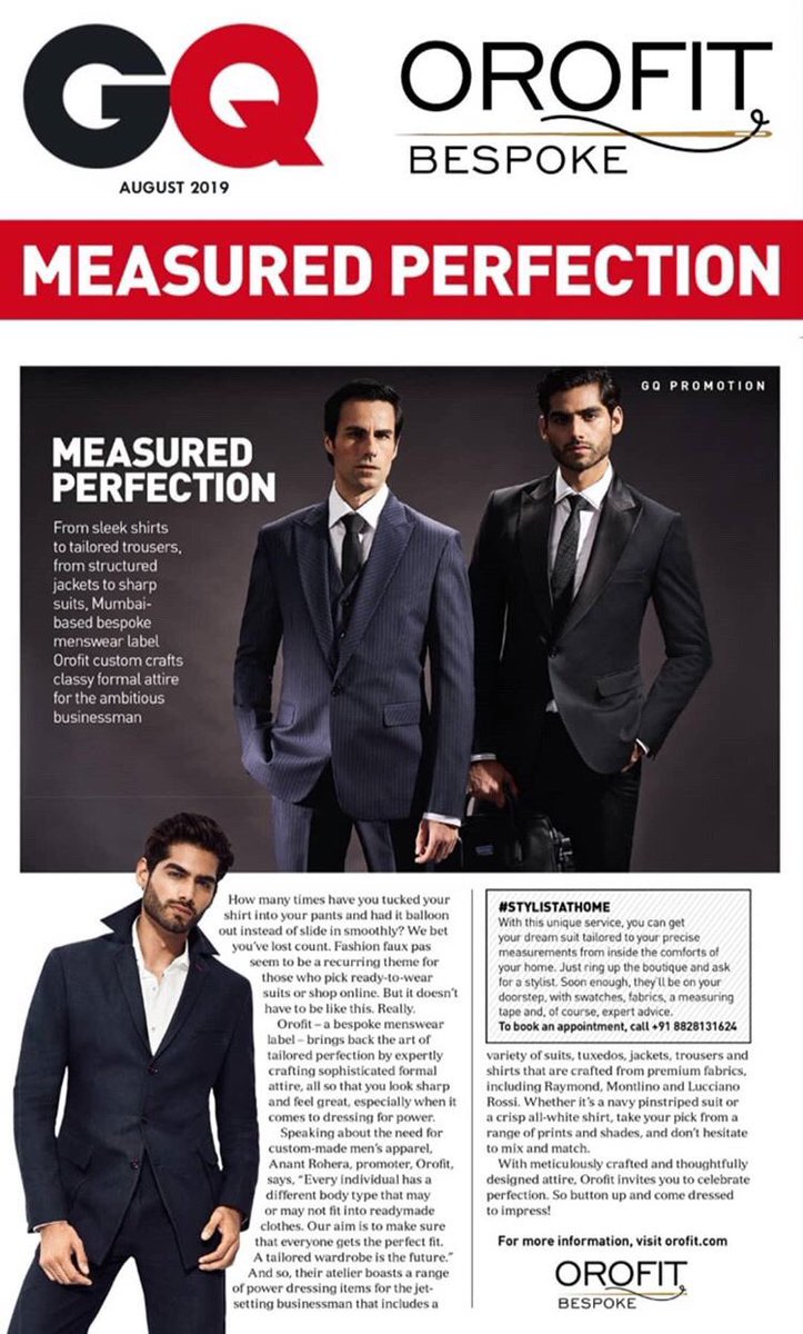 orofitbespoke's tweet photo. #GQ August 2019 is presenting a #Bespoke special addition in which #OROFIT is partnering as #Mumbai Men’s Bespoke Brand. #luxuryfashion #madetomeasure #wardrobe #stylist #bespokesuits #businesssuits #doorstep #newcollection https://t.co/mgNl47GeLI