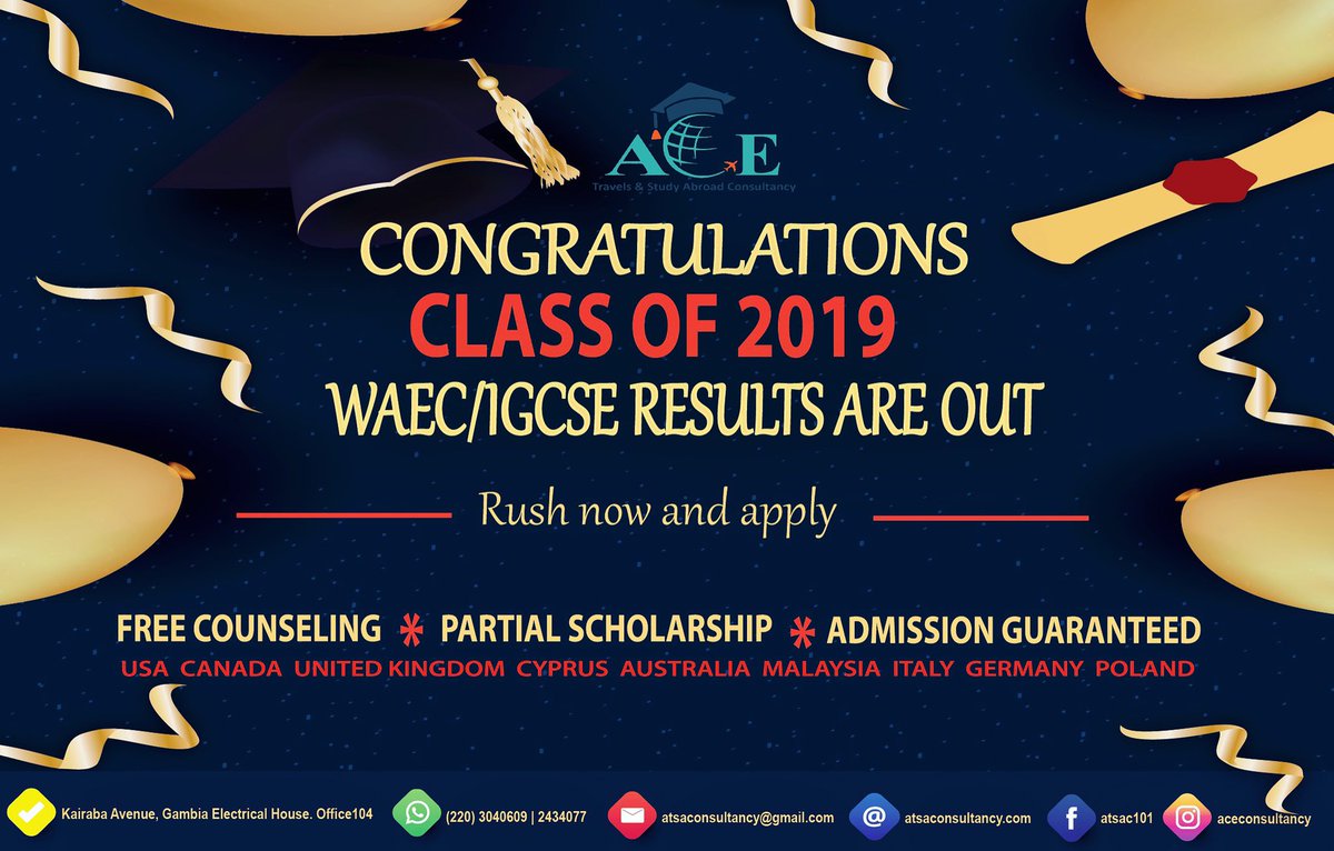 AceAbroad's tweet photo. Congratulations to all our high-school grads of 2019. The journey of your high rewarded career is just beginning and Ace Travels &amp; Study Abroad Consultancy is here to guide you and help you achieve that dream. 
You can still make it to study abroad this Sept/Oct. https://t.co/aN9FK4Ejex