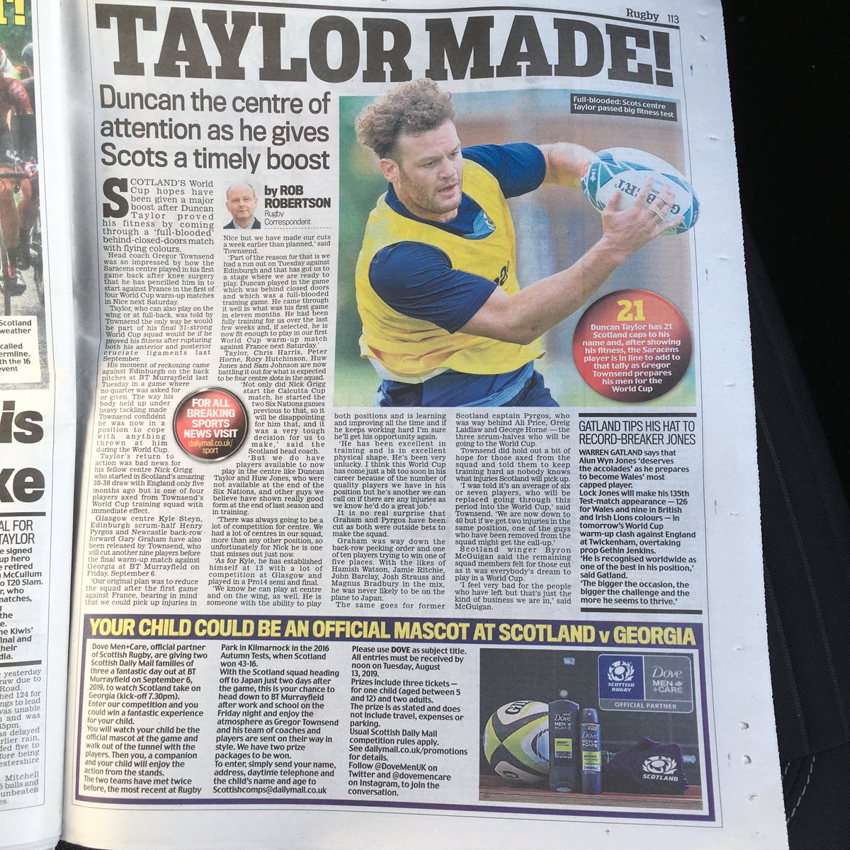 ROB_Robireland's tweet photo. Great news for Scotland and ⁦@Saracens⁩ .Duncan Taylor came through behind closed doors game between Scotland and Edinburgh unscathed. Now set to play first game in 11 months following knee op when France v Scotland next saturday. My piece in ⁦@ScotMailSport⁩ https://t.co/H0lR52HcBm