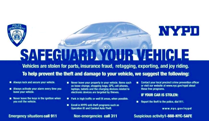NYPD60Pct's tweet photo. Always lock and secure your vehicle and never leave personal property inside. Smash and grab tactics allow criminals to commit the crime in seconds. #DontBeAnEasyTarget. Remove all belongings from outside view, including charging cords, sunglasses, and loose change. https://t.co/3KQMrKrjaU