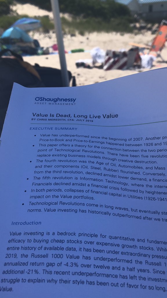 Some perfect reading at the beach — phenomenal <a href="/OSAMResearch/">O'Shaughnessy Asset Management</a> piece by <a href="/ChrisMeredith23/">Chris Meredith</a> explaining Value’s underperformance for the last 12 years and what to expect in years to come. 👍🏻