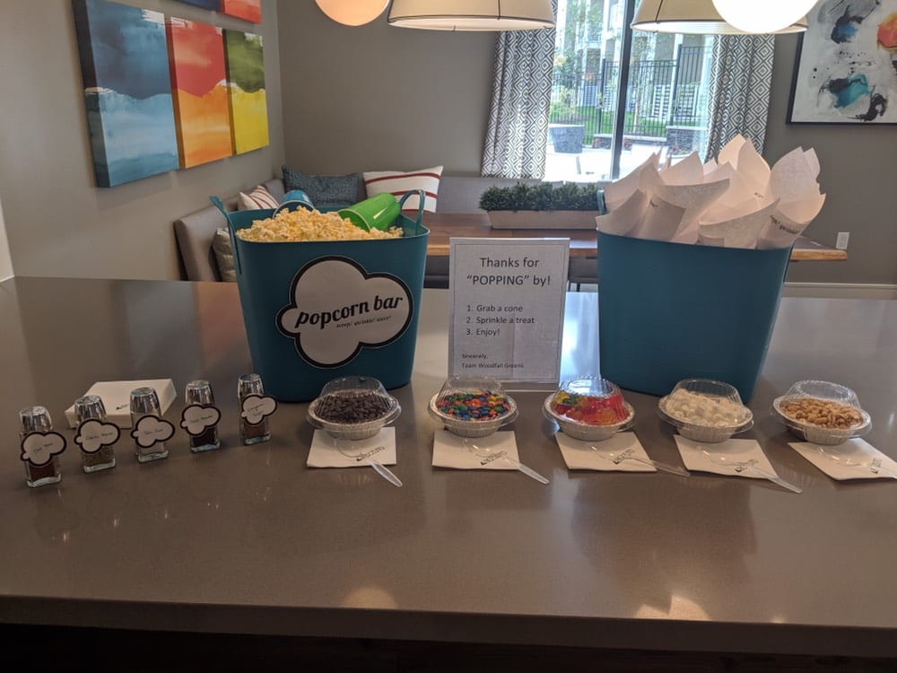 We have sweet and savory treats for our residents!Pop on down to the club room for our popcorn bar! #WoodfallGreens #BozzutoLiving #BaltimoreApartments #Baltimore #BaltimoreLiving #Bozzuto