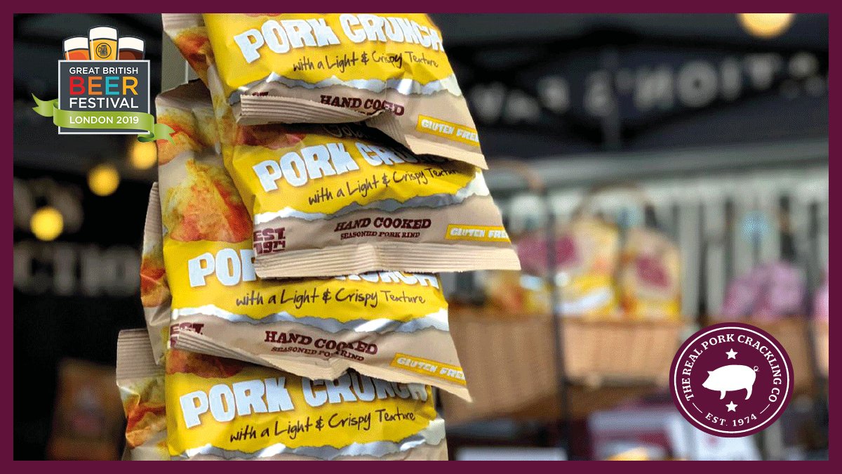 RealCrackling's tweet photo. Feeling Snacky? How about a golden bag of this gluten free goodness?

#realpork #snacktime #gbbf #gbbf2019 https://t.co/qrvjg13AWh