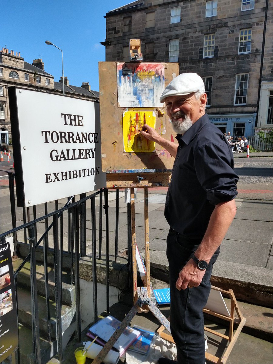 Alasdair Banks, doing his thing, outside the gallery today! And look at that blue sky!! Ha! We laugh in the face of the weather forecast...! Come along and have a chat, and see our fabulous Festival Exhibition. Open Saturday and Sunday until 4pm. #torrancegallery #dundasstreet