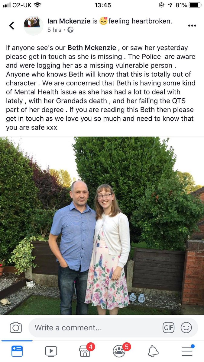 One of our students has gone missing. The police are involved but if you see Beth please let the police or her family know.
