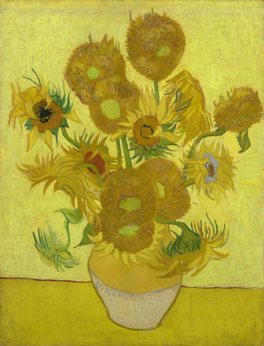 vangoghmuseum's tweet photo. Van Gogh’s favourite colour was yellow! What is your favourite colour? Vincent van Gogh, Sunflowers (1889) Find out more about Vincent’s most famous work at our summer exhibition #VanGoghSunflowers https://t.co/cBTYm2Q38k #VanGoghColours https://t.co/VaTr6M9QI6