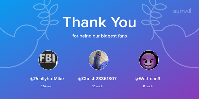 Our biggest fans this week: ReallyhotMike, Christi23361307, Wettman3. Thank you! via https://t.co/MQbZ2Va1B6