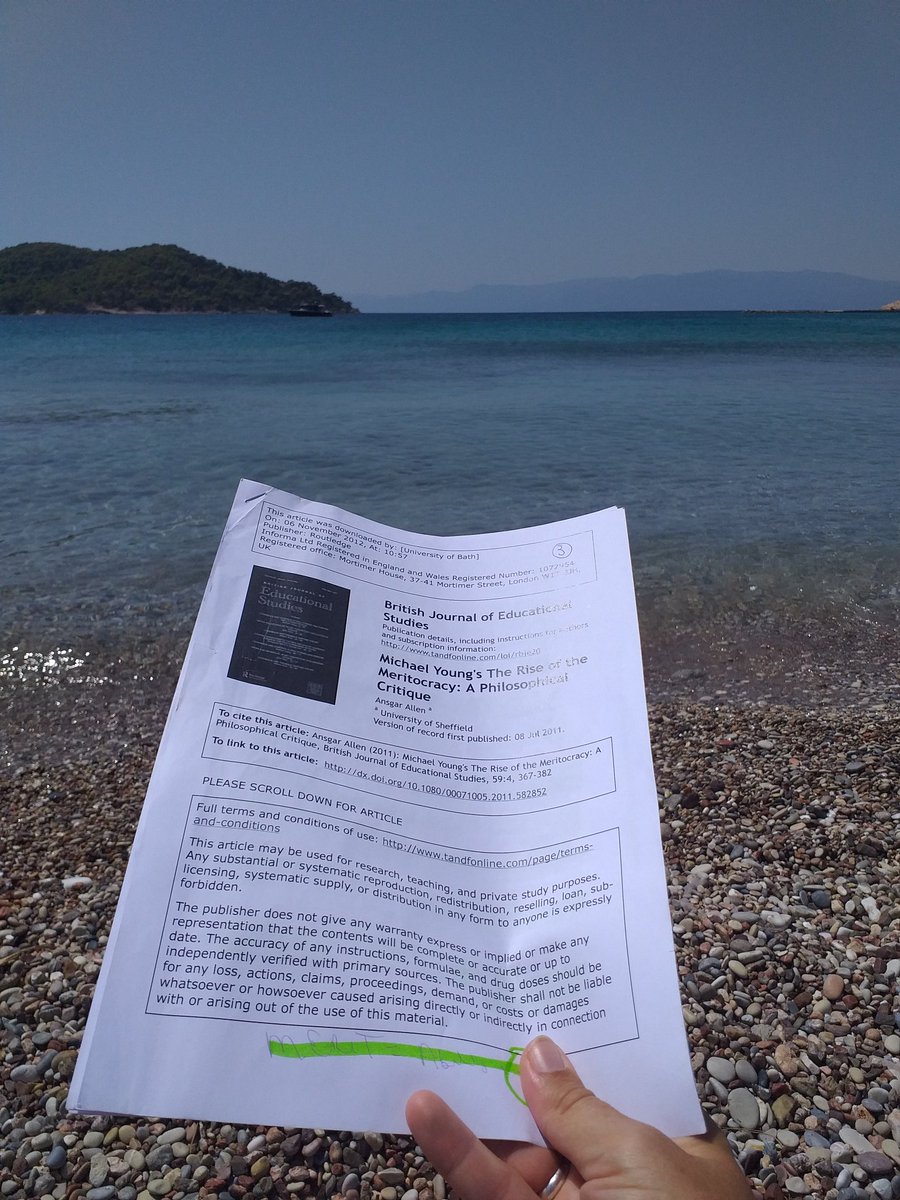 VictoriaW_gr's tweet photo. Who needs a novel when you can have a meritocracy journal article as a 'beach read'! (@mikelecbath @rpwatermeyer hope this gives you a chuckle) #educationandsociety #spetses #longsummers #brainworkout #mastersineducation https://t.co/eGRB42OdC6