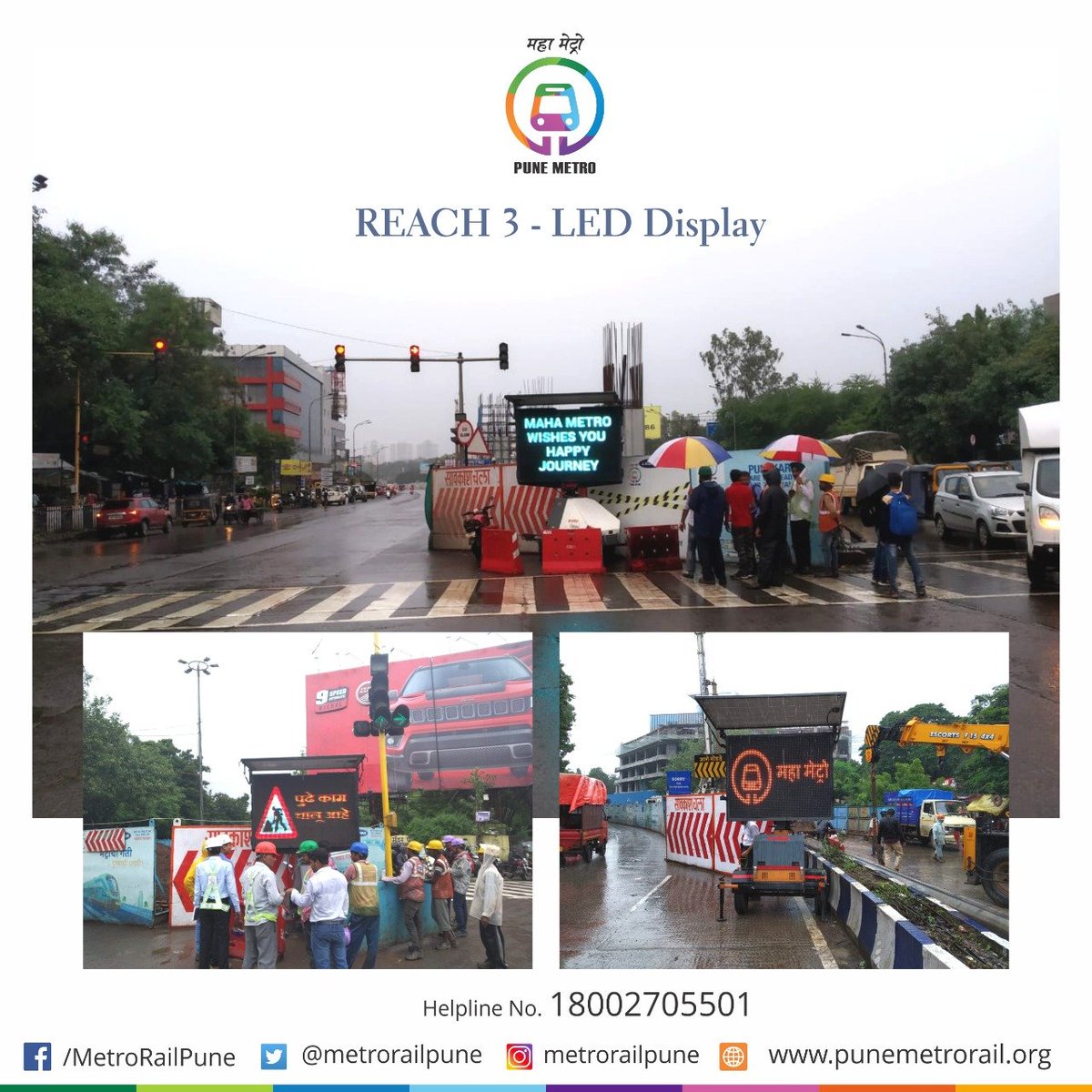 metrorailpune's tweet photo. On #PuneMetro #Reach3 Civil Court to Ramwadi route, for the convenience of citizens, solar powered digital signboards have been placed to project safety signs &amp; alert messages at Wadgaon Sheri, RTO and Bund Garden Junctions.
Kindly follow traffic rules. https://t.co/aiaB5biI17