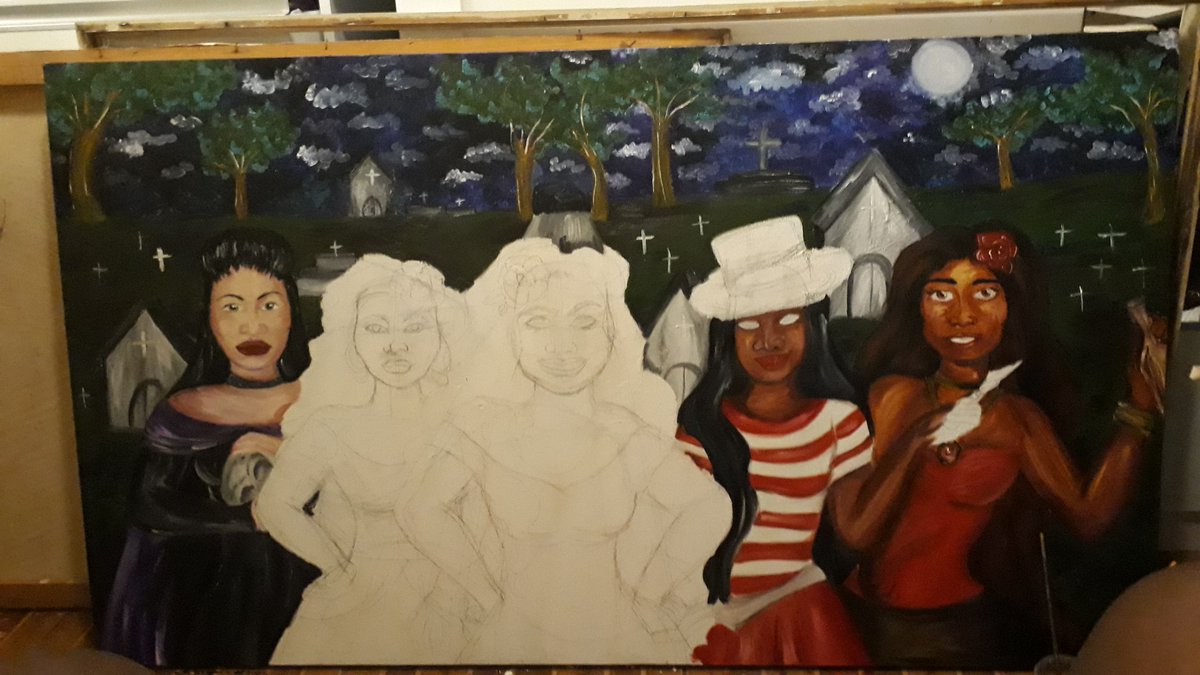 sadicathehutt's tweet photo. Já viram meu processo de criação do quadro Marias? 
Essa é a minha MAIOR TELA que conta um pouco sobre as pombo gíras Maria Mulambo, Maria Quitéria, Maria Padilha, Maria Farrapo e Maria Navalha!
Confere no instagram: @oglauciaart https://t.co/te3hHqDBoi