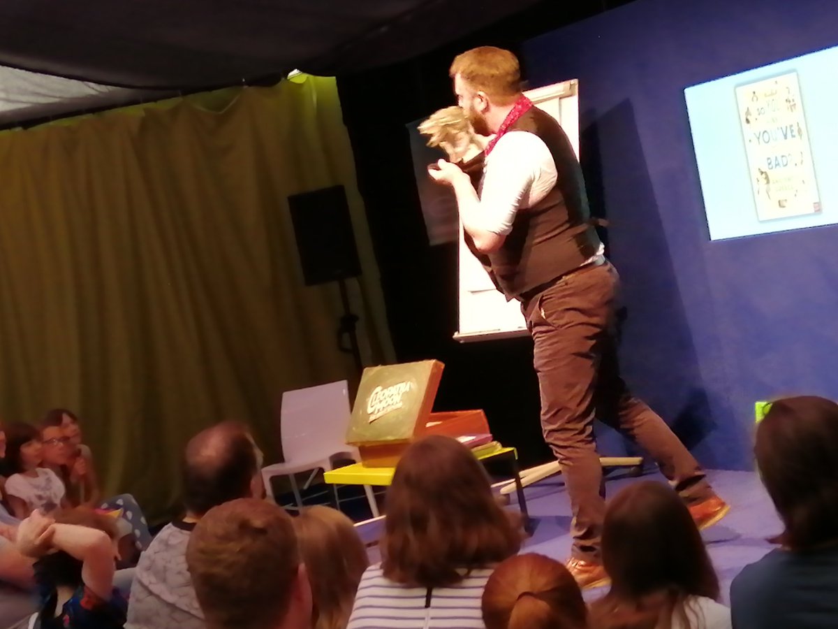 AnthonyJBurt's tweet photo. A brilliant start to the childrenโs part of the book festival with Chae Strathie & his Gruesome Greeks this morning in the Imagination Lab! What a hilarious guy Chae is...and the kids had a great time. ๐ @chaestrathie @NosyCrowBooks #imaginationlab https://t.co/8FNCec7RKp