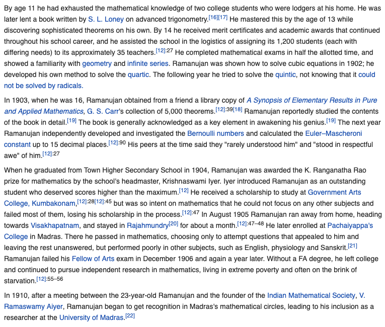 Back to Ramanujan. Who was he?He was a brilliant self-taught mathematicianat 11 he "exhausted the mathematical knowledge of college students"by 13 he mastered advanced trigonometryAt 17, his peers said they "rarely understood him" and "stood in respectful awe" of him