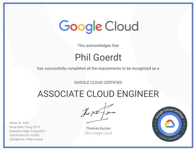 PhilGoerdt's tweet photo. I took the @GCPcloud #certificationchallenge & got certified in less than 12 weeks! Rounded out my other certs w/Assoc. Cloud Engineer! 3 certs in 1 year ainโt too shabby! ๐ https://t.co/yxT3OZRM6I