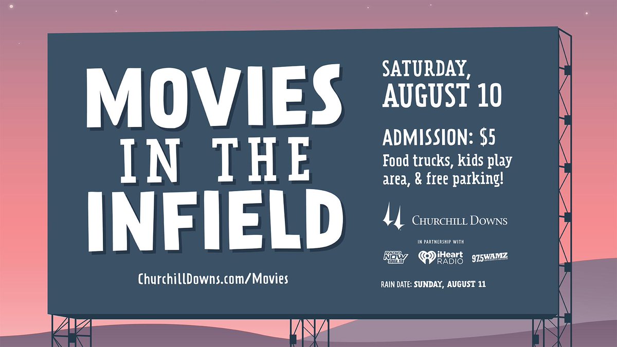 ChurchillDowns's tweet photo. Info for tonight's Movies In The Infield👇
🎫4pm Box Office opens  -- Admission is $5
🚙Free Parking 
🚶‍♂️5pm Gates Open
🎬6pm Racing Stripes
🎬8pm Secretariat
🍿Food Trucks &amp; Concessions
🤪Kids Play Zone
🌠Bring your own Lawn Chairs a&amp; Blankets
🚫No Re-Entry Allowed https://t.co/ErVai9thJa
