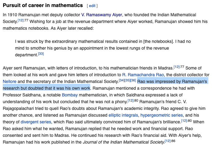 But while "the system" didn't appreciate his genius, individuals didIn 1910, at 23, he met the founder of the Indian Mathematical SocietyHis work was so impressive, people couldn't understand it, and doubted it was real