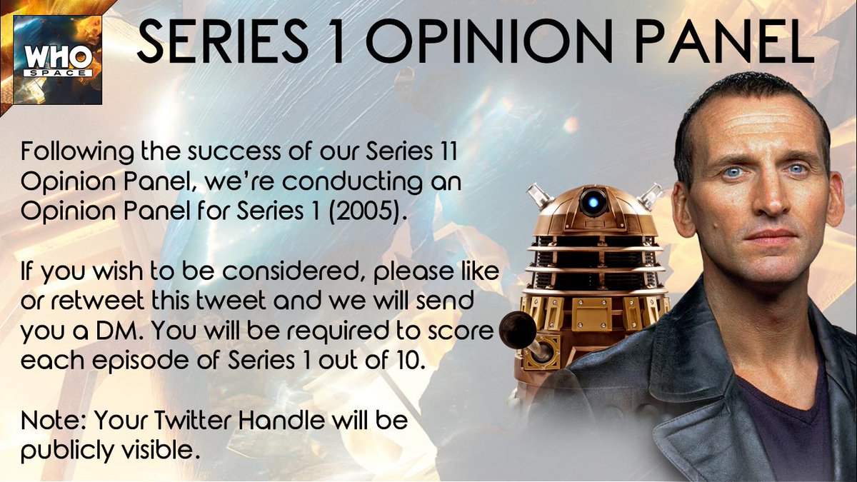 DrWhoSpace's tweet photo. SERIES 1 OPINION PANEL

If you wish to take part in our Series 1 Opinion Panel, read the details below and like or retweet this tweet! #DoctorWho https://t.co/ZXMOHDwVe9