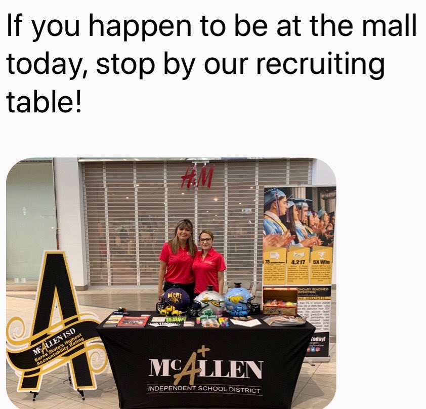 DrGonzalez8's tweet photo. *Please Retweet👍

Encourage families considering our District to go by the mall and visit with us👍

⁦@McAllenISD⁩ ⁦@CityofMcAllen⁩ 
#DistrictOfChampions https://t.co/TB22wdywqt