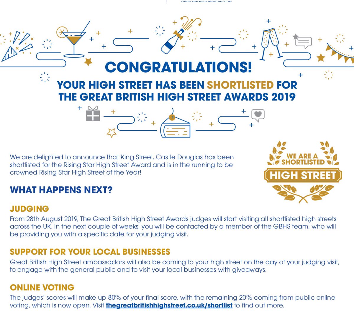 King St, Castle Douglashas been shortlisted for the Rising Star Award. Please vote for our town and celebrate with all our small businesses on this fantastic achievement. #MYHIGHSTREET #shoplocal #castledouglas #supportsmallbusiness 
#notjustacard