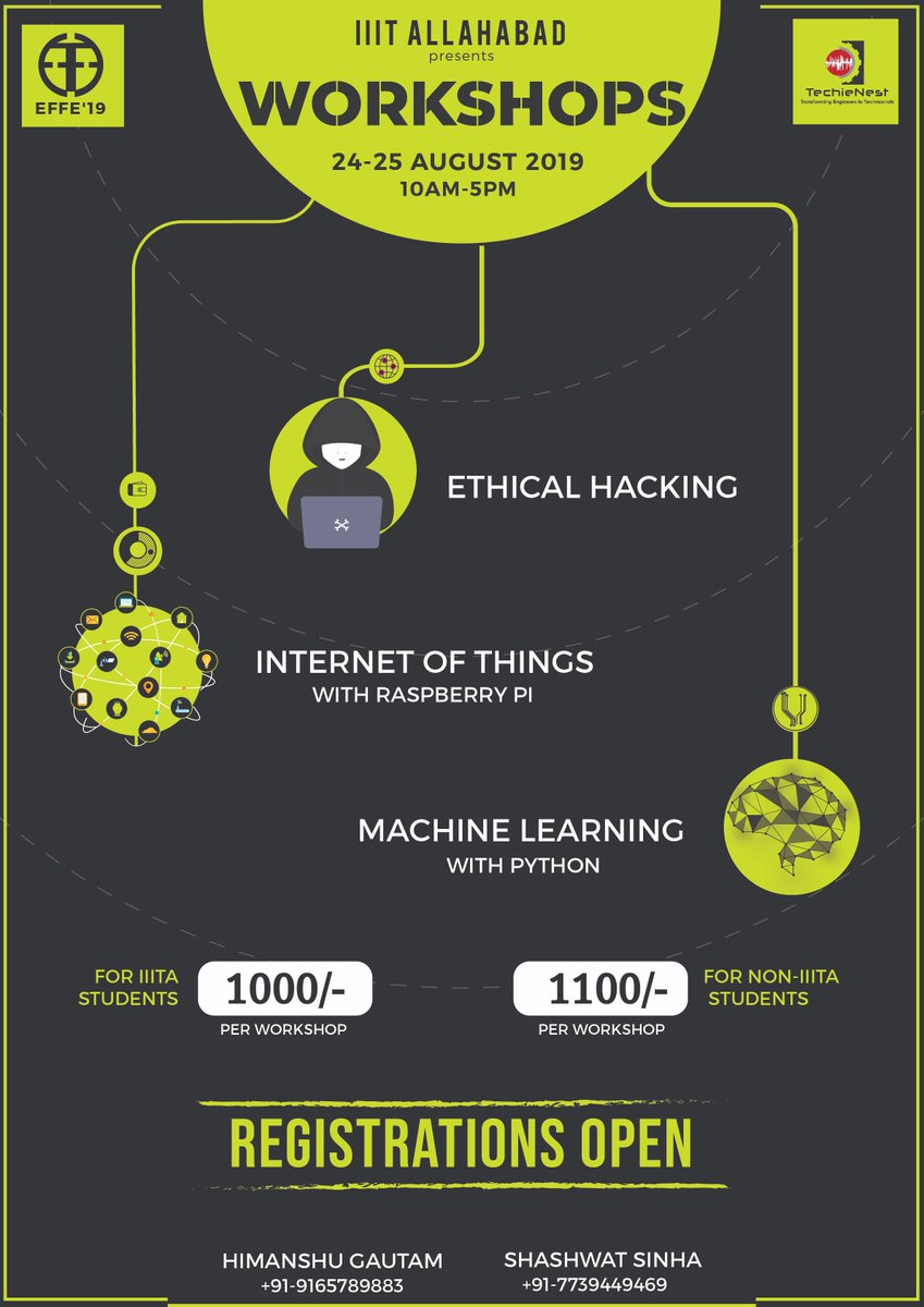 We are back with another opportunity to make you a fervent technological-enthusiast.
Effervescence'19 is organizing various workshops in association with our Workshop Partner, <a href="/TechieNest/">TechieNest</a>.
Register Here- forms.gle/VPFypBVmWfPmwp…
Dates: 24-25th August
#EFFE19
#ReliveTheReminiscence