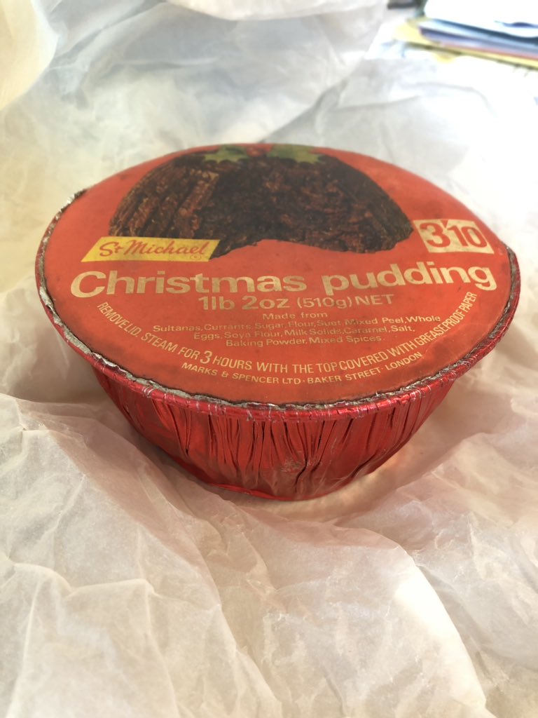 AmalKhreisheh's tweet photo. #Foundinstore, one 1970s era @marksandspencer’s Christmas pudding. Wonder if it’s still edible? Much nicer than the leaky tins of rancid butter that @Sabrina_Ruffino found. #SWHTDiscovery #SouthWestHeritageTrust https://t.co/QckMqNLky3