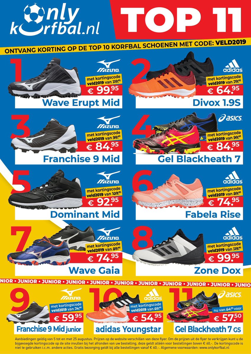Pak nu € 5,- EXTRA korting op de nieuwe collectie #korfbalschoenen met de actiecode veld2019. Check ze hier : onlykorfbal.nl/product-catego…