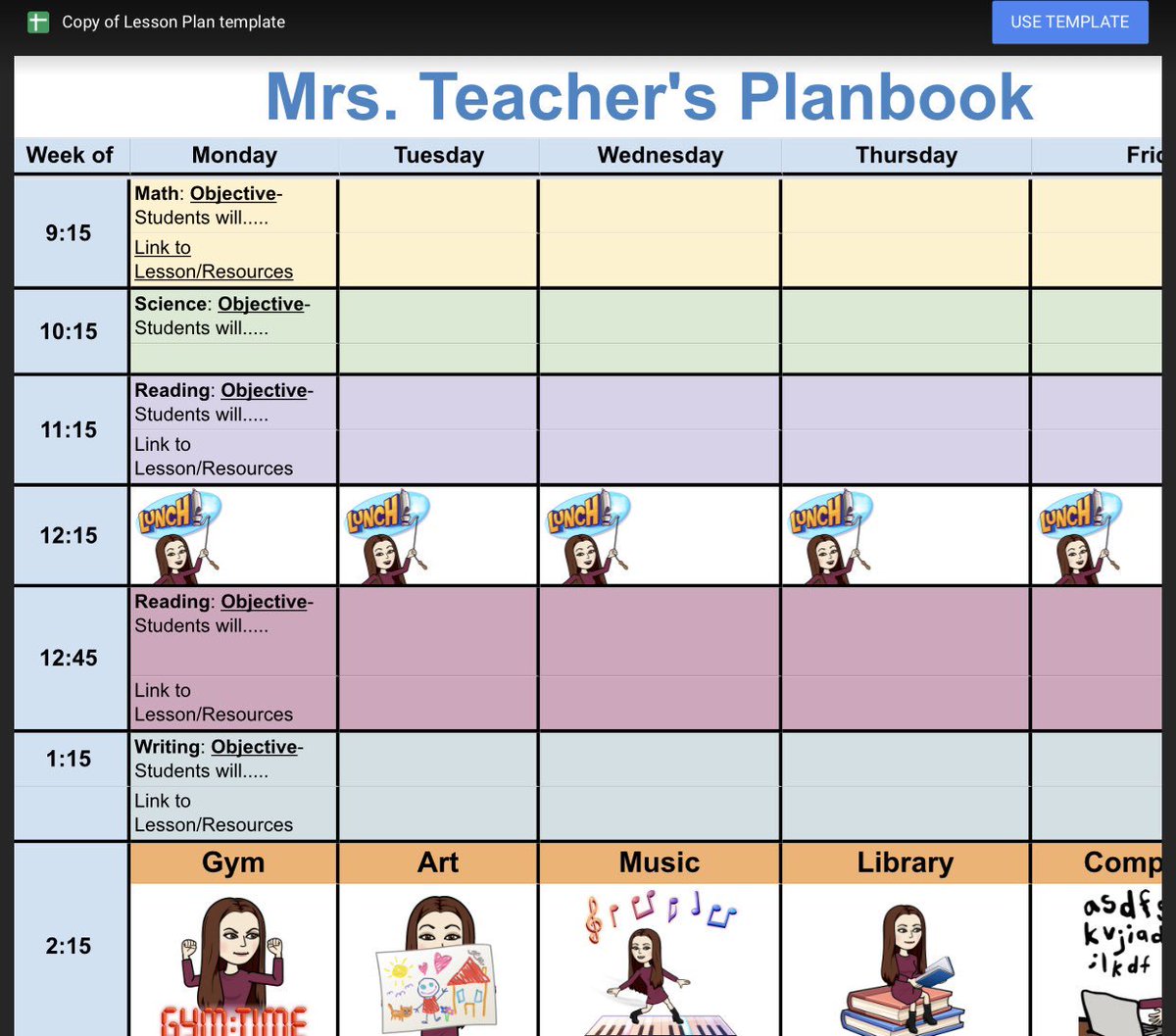 Anyone need a digital planbook? Here is one I created in #GoogleSheets. 

Tinyurl.com/SheetsPlanbook

Why?
✅Duplicate each week
✅Share with co-Ts 
✅Add links to resources
✅Color code
✅Make it fun by adding Bitmojis 
✅Archive and edit next year
#GSuiteEDU #edtech #edtechchat