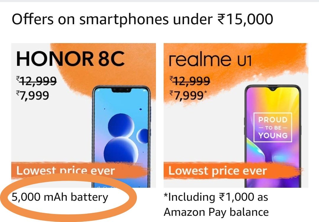 Kushvarshney's tweet photo. @amazonIN @JeffBezos A misleading ad , Honor 8c has a 4000Mah battery not 5000Mah !! https://t.co/igEg2dhFoD