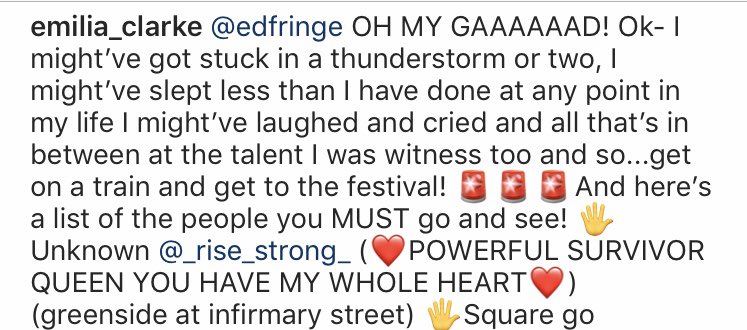 unknownEdFringe's tweet photo. Thank you soo much to @emiliaclarke for your endorsement! #EmiliasGameChangers @SameYouOrg @GreensideVenue @edfringe #MakeYourFringe #TBIRevovery https://t.co/J0hElVrOgi