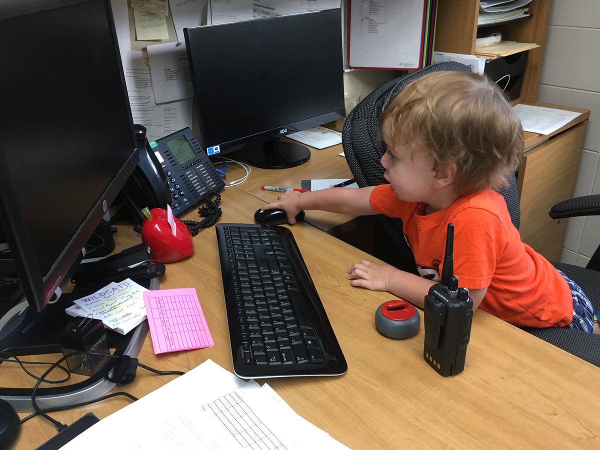 ChemBronk's tweet photo. Had a quick parent meeting at school this morning and brought this guy along.  naturally someone took over my office. #GoWildCats https://t.co/NVsxLnT19L