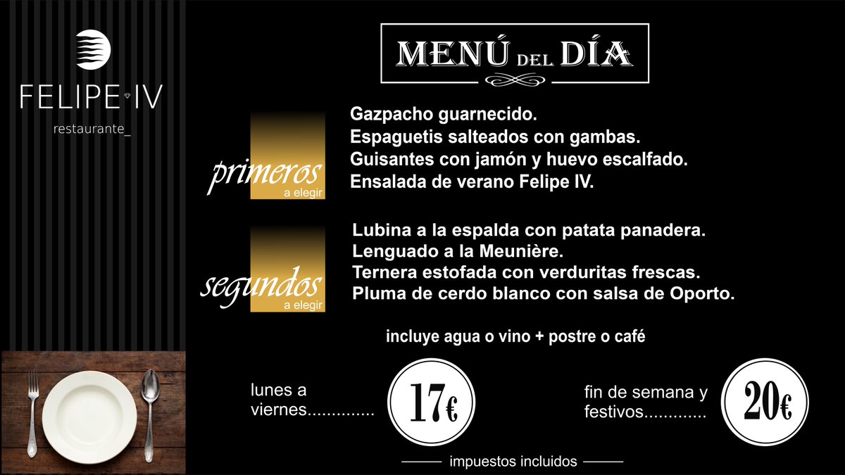 HotelFelipeIV's tweet photo. No te pierdas nuestro nuevo menú del día, ven a disfrutar con tu familia de una fantástica velada, ¡TE ESPERAMOS! #Valladolid #HotelFelipeIV https://t.co/QoTN1hx13m