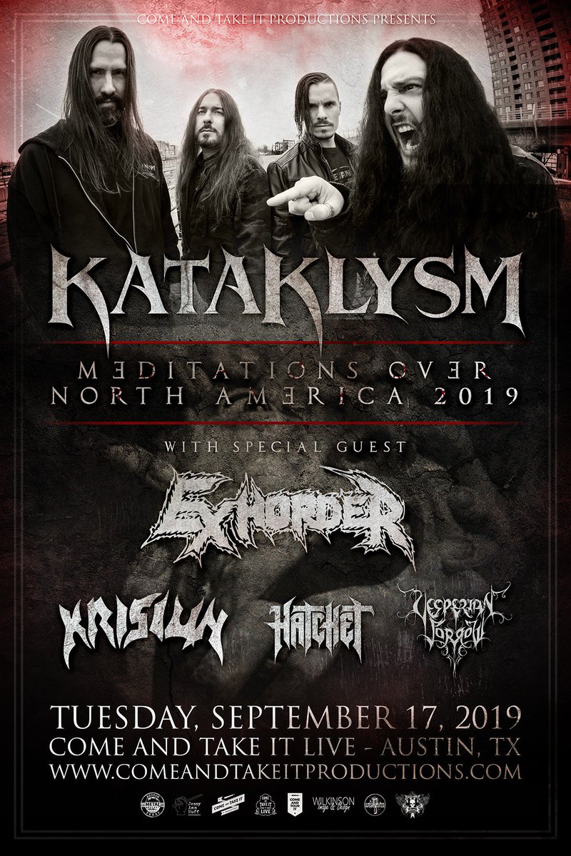 catiproductions's tweet photo. Kataklysm, Exhorder, Krisiun, Hatchet and Vesperian Sorrow are set to play #CATILive on September 17th!! Hurry and grab your tickets before it's too late! 

Advance tickets can be purchased here:
https://t.co/ntNJ5FhAzB https://t.co/aQLio1P5dJ