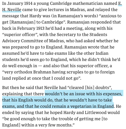 I was re-reading about Ramanujan around the time I was myself heading to San Francisco earlier in May (leaving Asia for the first time) – and I was curious to know as many details about his actual trip as possible. Dietary concerns, for eg https://www.wired.com/2016/04/who-was-ramanujan/