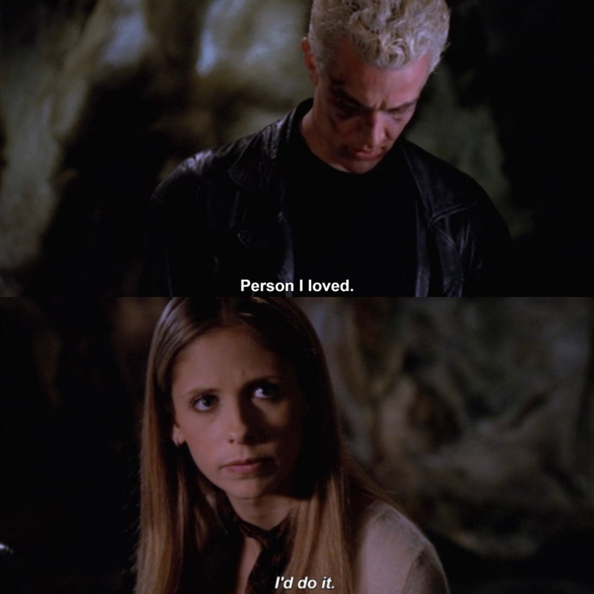 SpuffyLatino's tweet image. Buffy: "You think she'd... no. I told Willow it would be like suicide."
Spike: "I'd do it. Right person. Person I loved. I'd do it."

Tough Love - Season 6 #Btvs #Spike #Buffy #SPUFFY