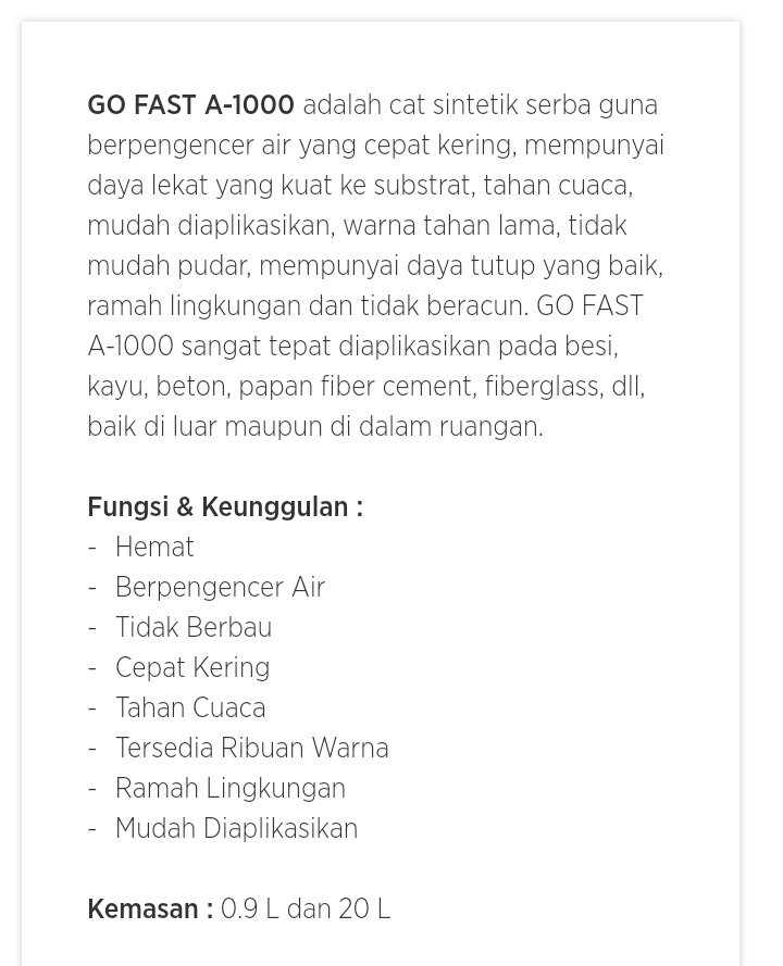 ET_Febrian's tweet image. Dear @propanraya 
Jawabannya adalah :
" GO FAST A-1000 "
#PROFUN

Keunggulannya adalah :
1. Tidak Berbau
2. Tahan Cuaca
3. Cepat Kering

Ikutan Yuk Sobat!
@InitialRs 
@nzeess 
GOOD LUCK 👌